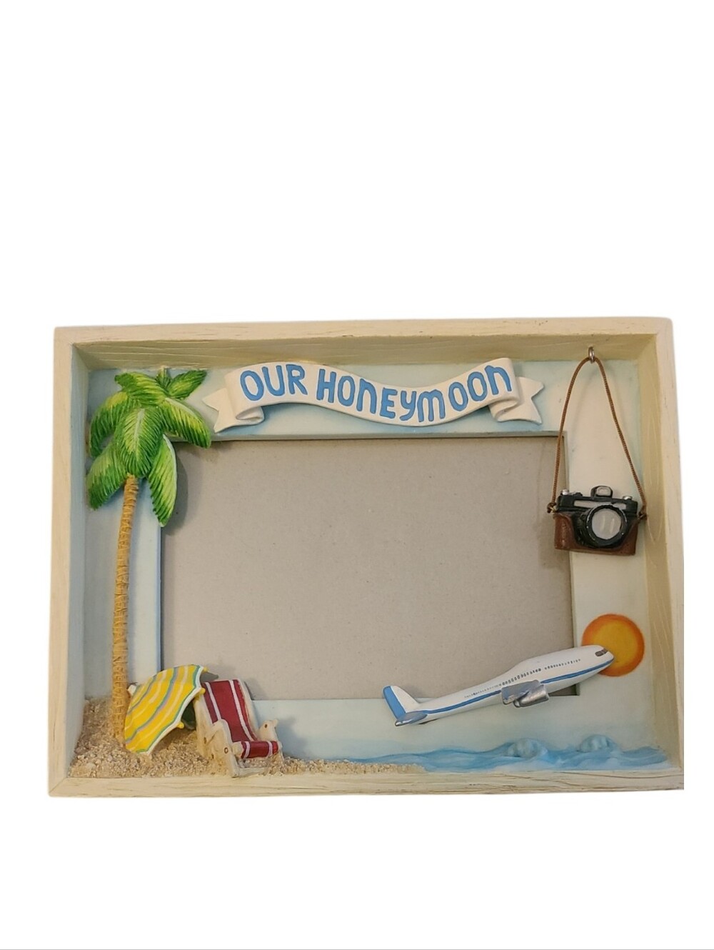 Vintage Russ Berrie Our Honeymoon 3D Photo Frame Beach Vacation 4x6 Resin